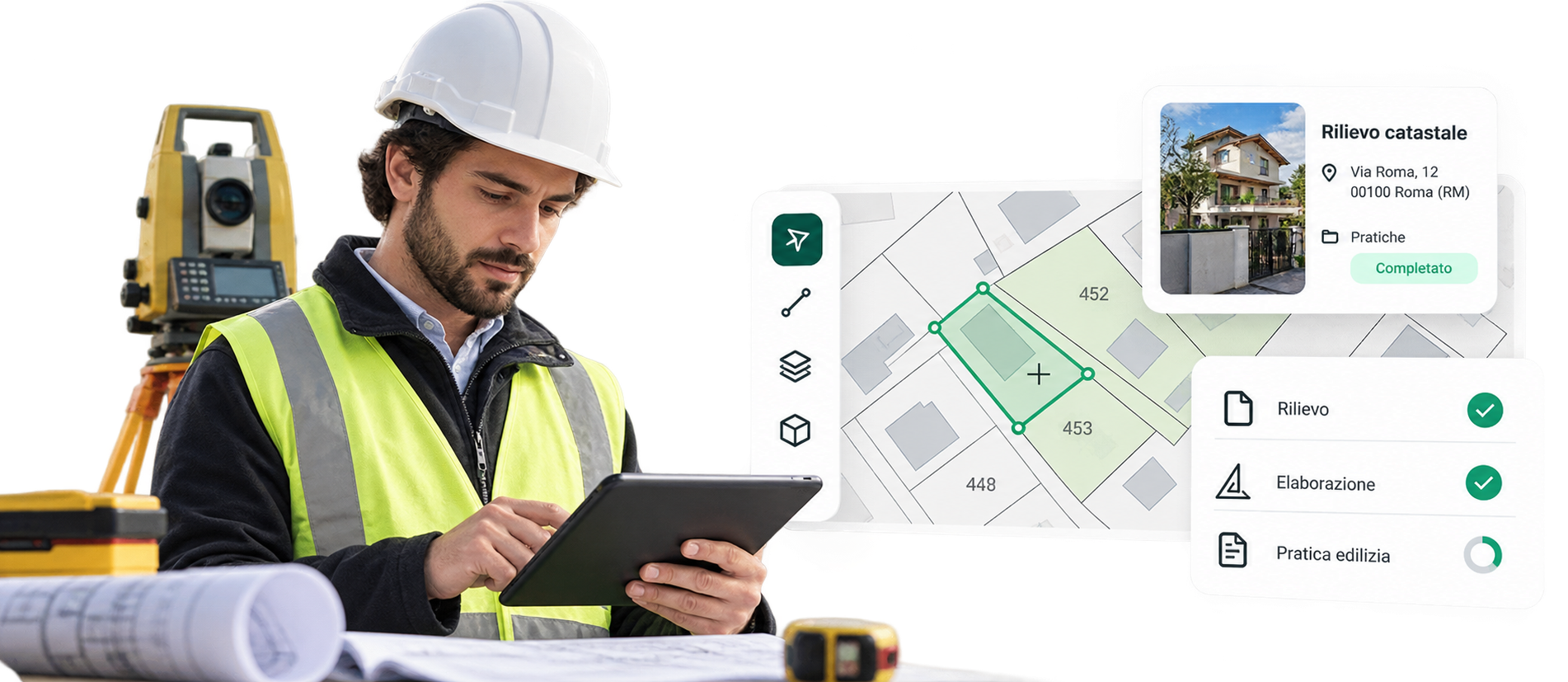 Geometra consulta una pratica sul tablet, con mappa catastale e stato del rilievo.
